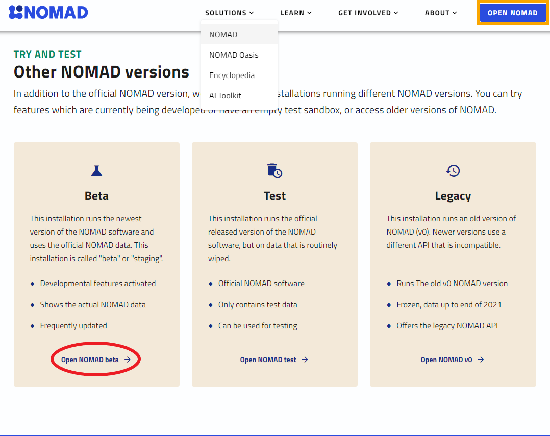 NOMAD Beta inside solutions